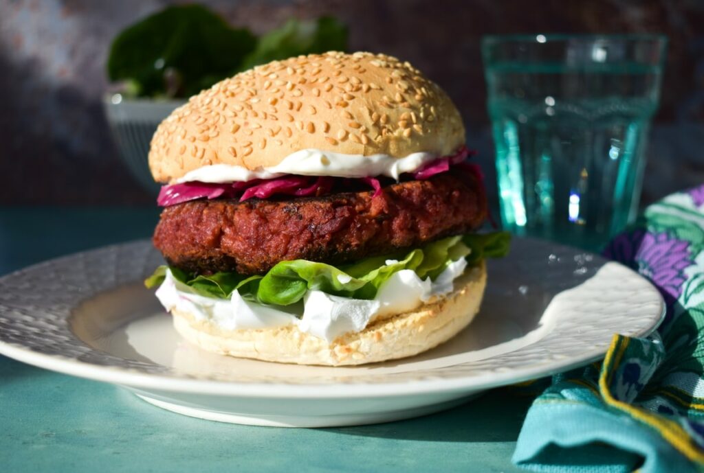 beetroot burger with pickled cabbage