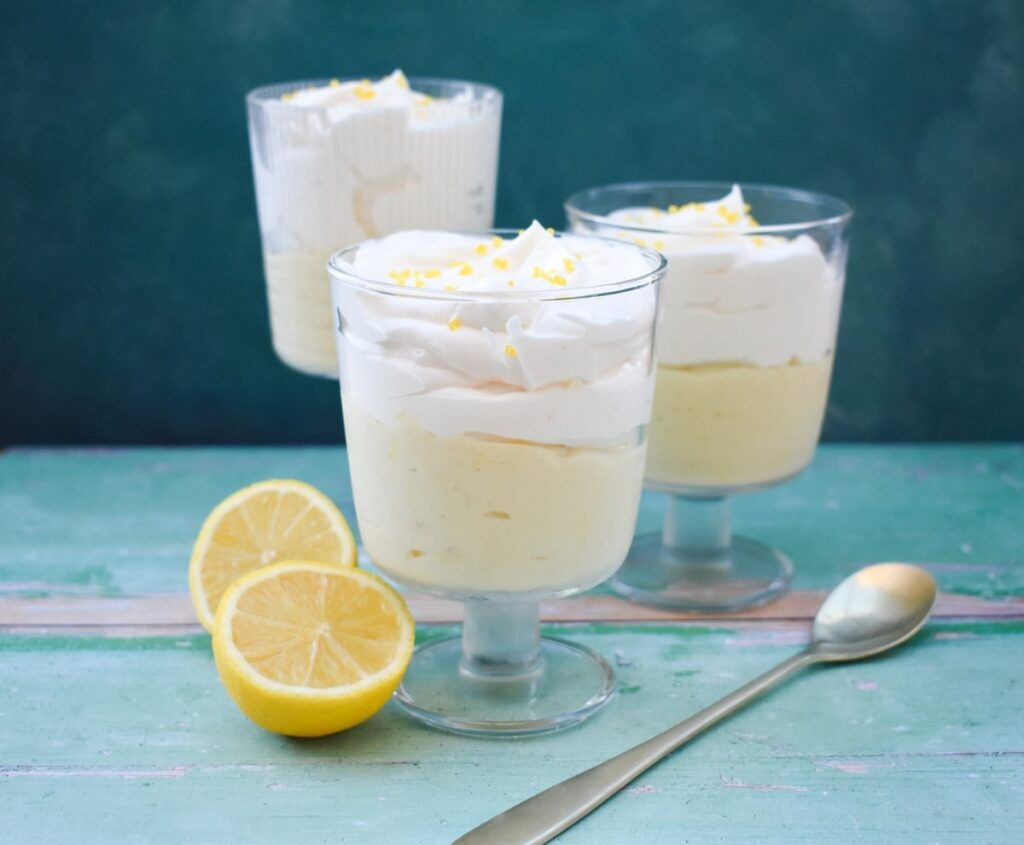 Quick dairy-free lemon mousse in glasses.